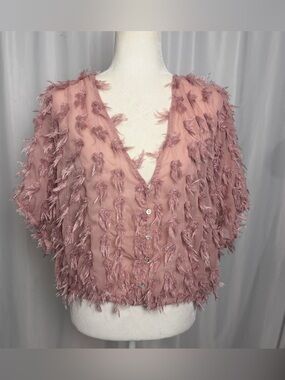 Spoon Jeans 3X Pink Shaggy Textured Fringe Button Down Blouse